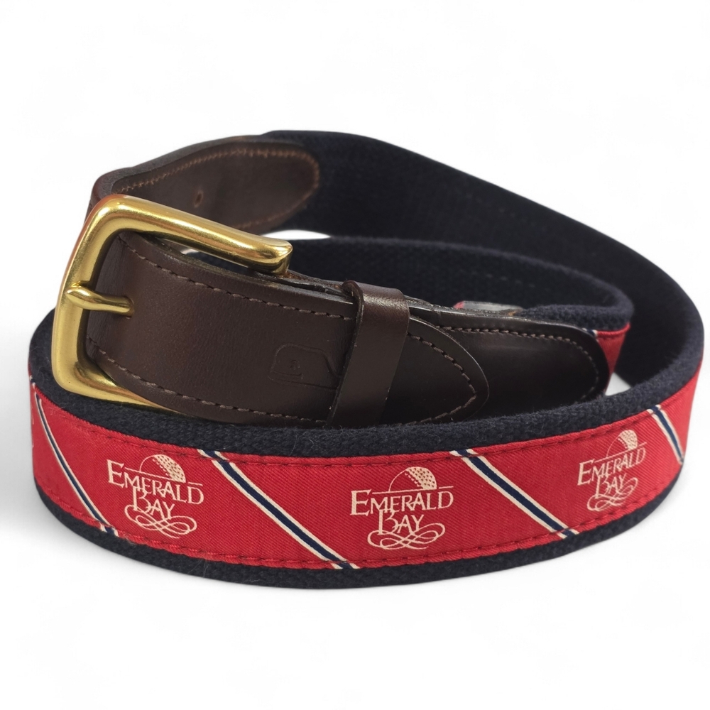 Vineyard Vines Emerald Bay Golf Canvas Belt Brass Leather Trim Red Blue Size 34